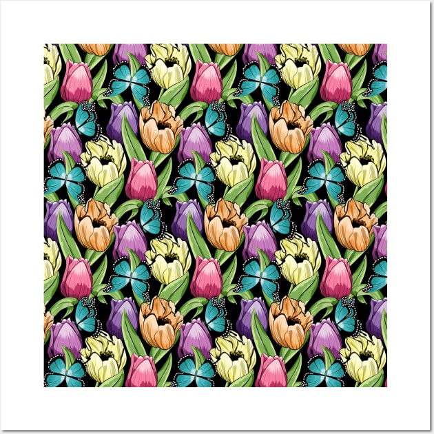 Tulips And Butterflies Pattern Wall Art by Designoholic